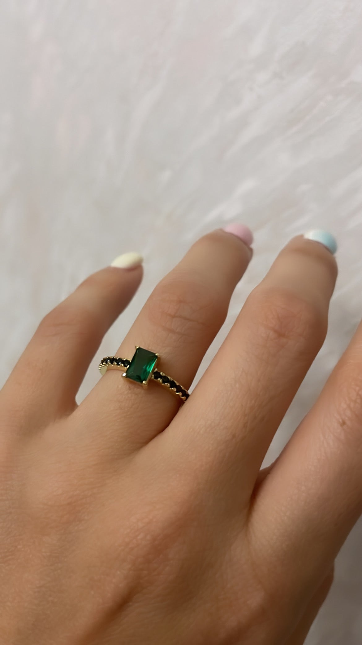 Gold Ring Black Pave Stone With Green Baguette Cut