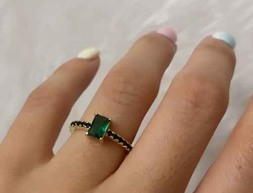 Gold Ring Black Pave Stone With Green Baguette Cut