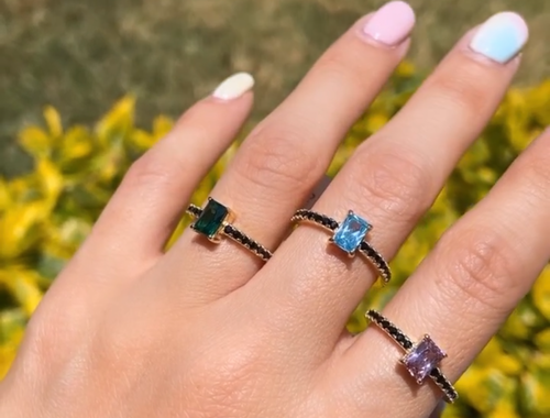 Gold Ring With Black Pave Stones, With Blue Baguette Cut