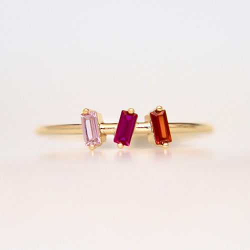 Gold Band With Three Zirconia, Orange, Pink, Fuschia