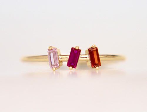 Gold Band With Three Zirconia, Orange, Pink, Fuschia