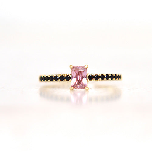 Gold Ring With Black Pave Stones, With Pink Baguette Cut