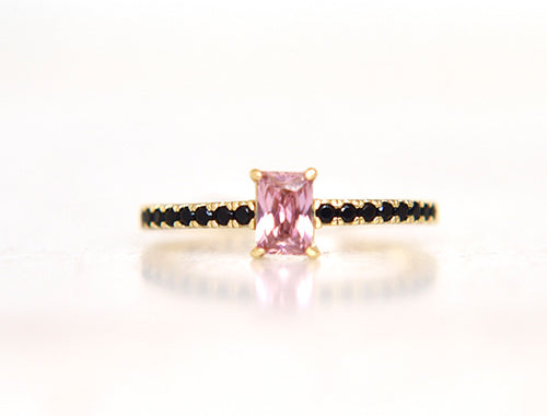 Gold Ring With Black Pave Stones, With Pink Baguette Cut