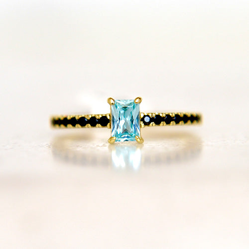 Gold Ring With Black Pave Stones, With Blue Baguette Cut