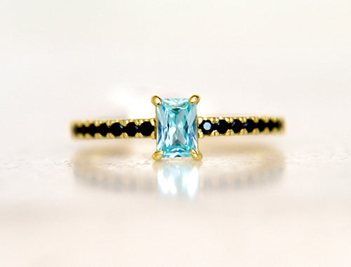 Gold Ring With Black Pave Stones, With Blue Baguette Cut