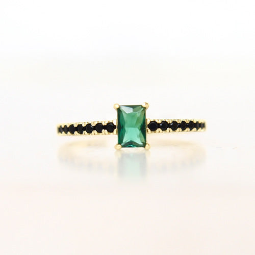 Gold Ring Black Pave Stone With Green Baguette Cut