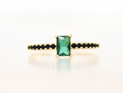 Gold Ring Black Pave Stone With Green Baguette Cut